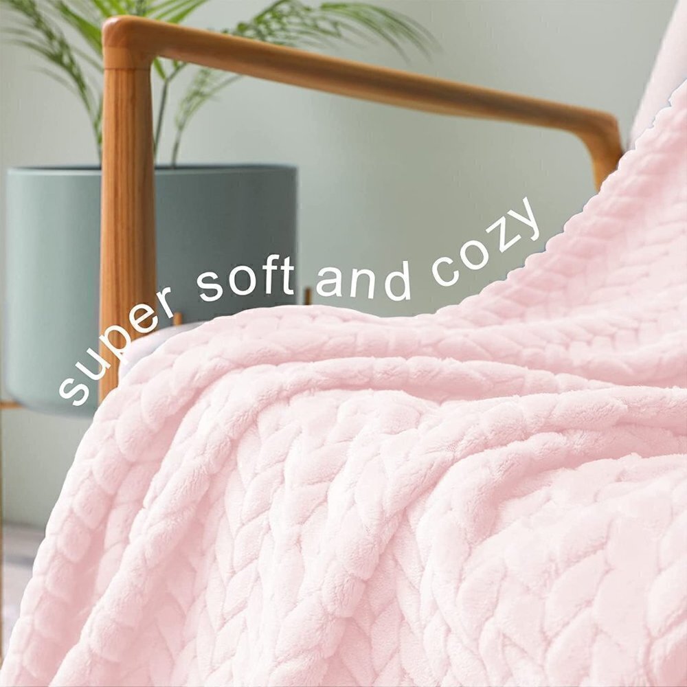 Baby Pink Knit Jacquard Weave Pattern Decorative Warm Flannel Couch Cozy Blanket - Picture 5 of 16